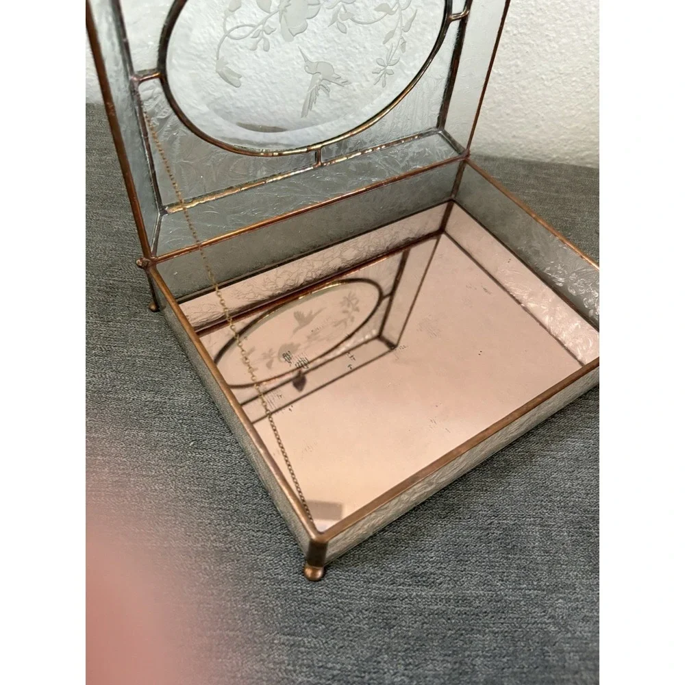 Vtg Etched Glass, Brass, Mirror Jewelry Box Footed w Flowers & Hummingbirds